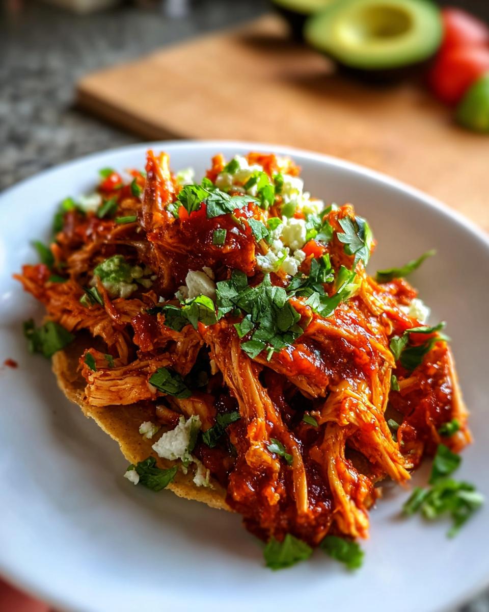 Close-up of shredded Fast Salsa Chicken served on a crispy tostada shell, topped with cheese and cilantro.