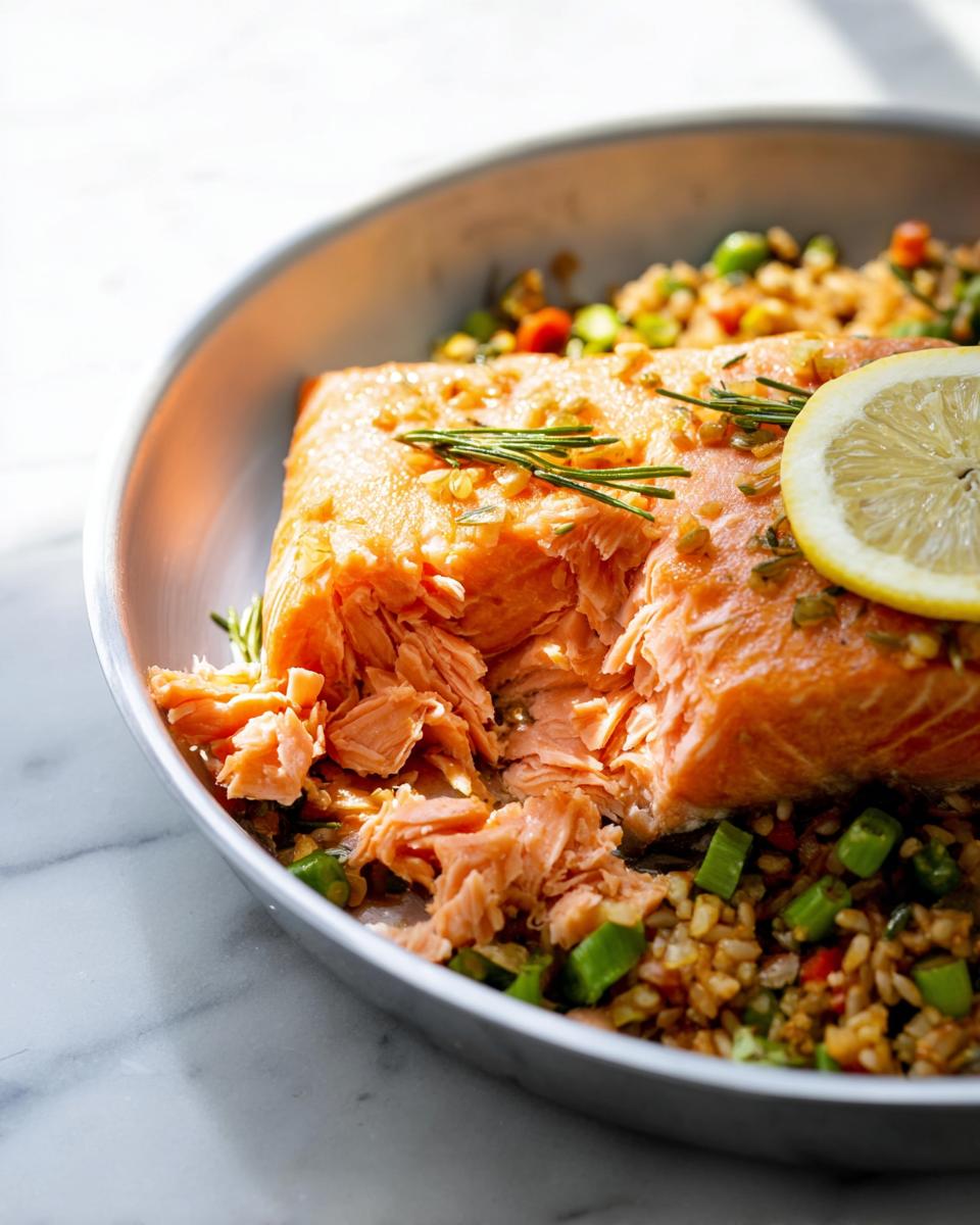 Flaky baked salmon served over brown rice and vegetables, a perfect example of Simple Low-Calorie Dinner Ideas.