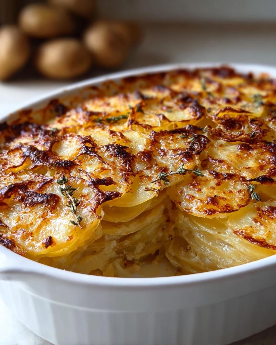 Close-up of a bubbling French Onion Potato Bake with a deeply browned, cheesy top and visible layers of thinly sliced potatoes.