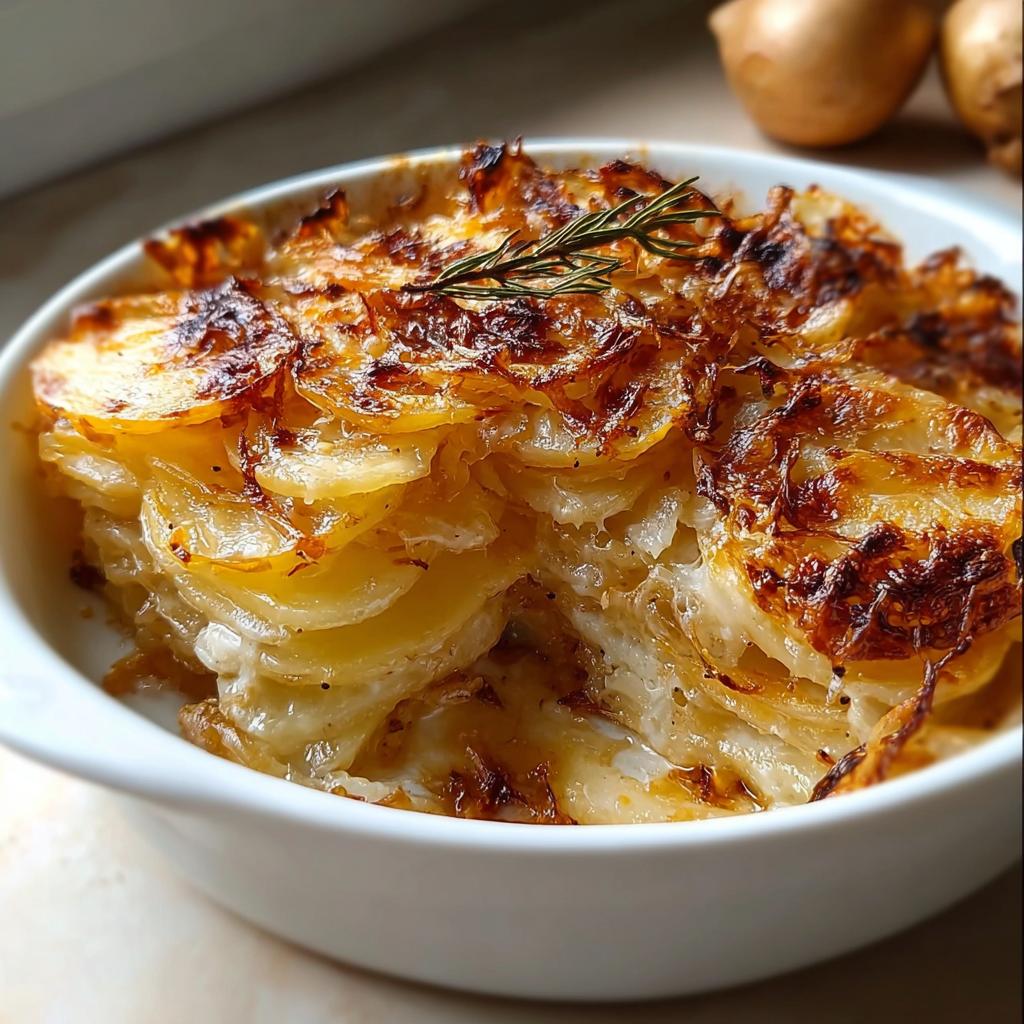 Close-up of a rich French Onion Potato Bake with a golden, crispy top and creamy layers, garnished with rosemary.