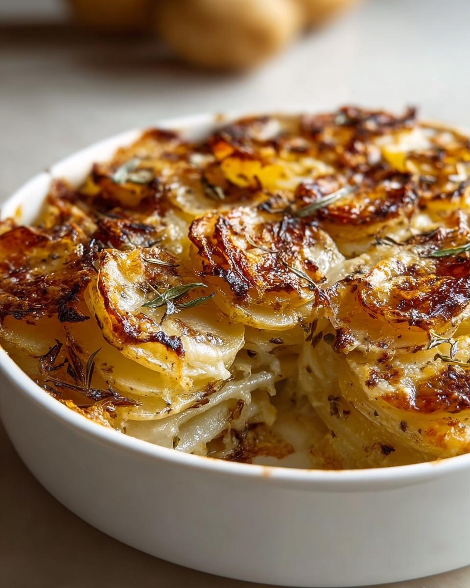 Close-up of a rich French Onion Potato Bake with caramelized edges and fresh rosemary.