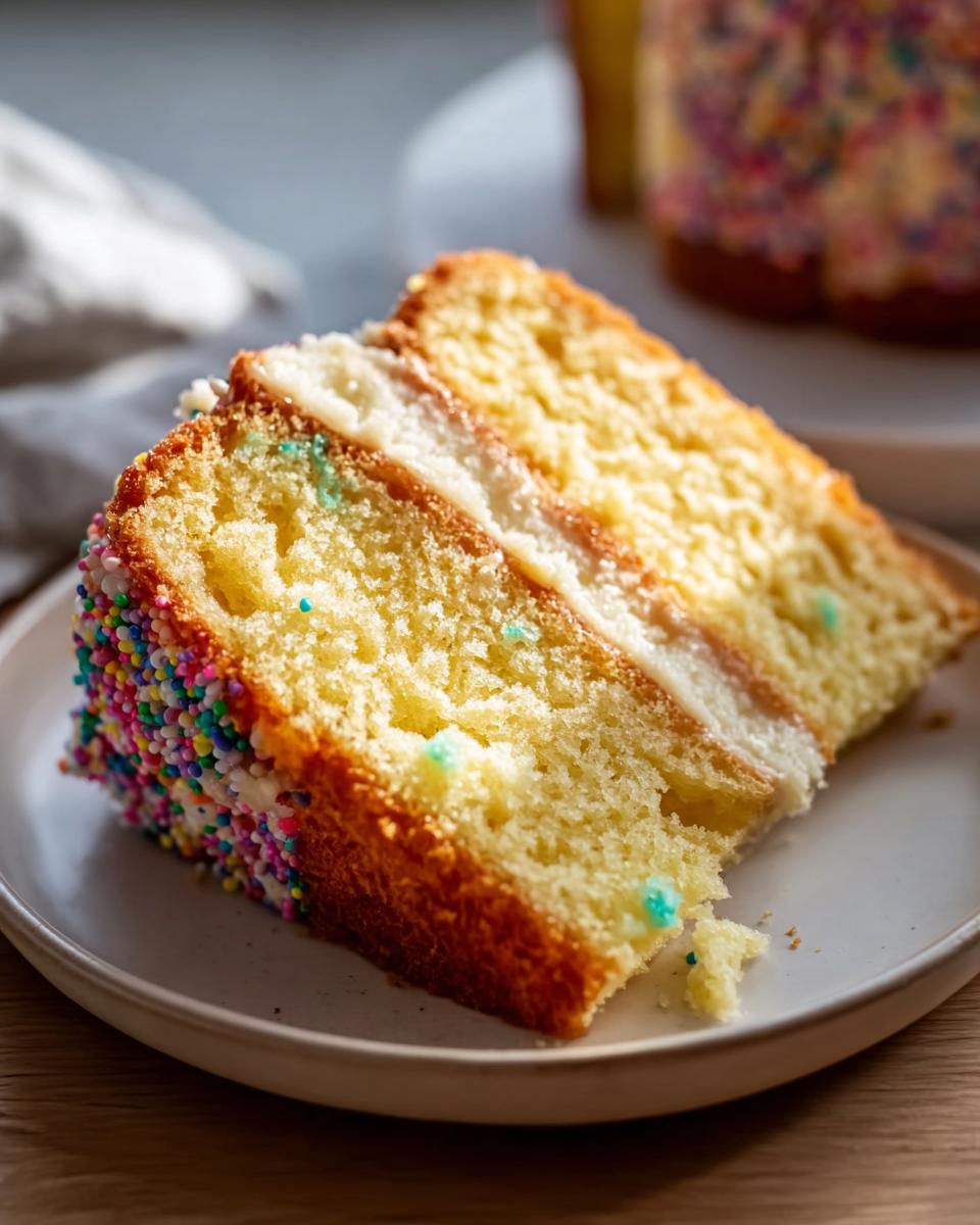 Close-up of a slice of moist yellow cake with white frosting and rainbow sprinkles, perfect for cake ideas recipes.