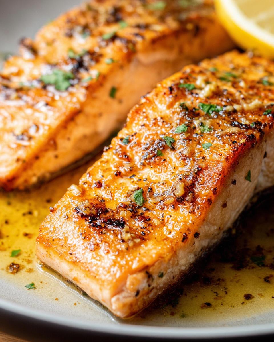 Close-up of a perfectly cooked, glazed garlic butter salmon fillet, one of the best salmon recipes.