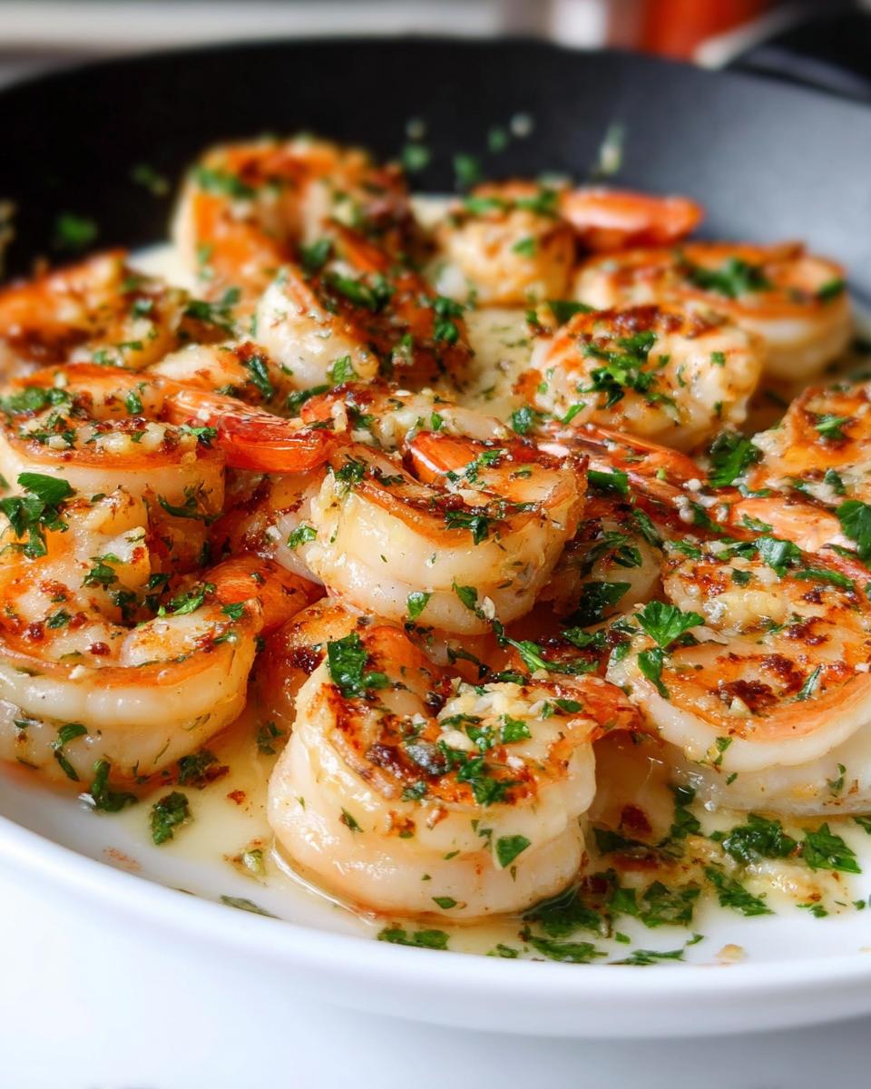 Close-up of succulent garlic butter shrimp garnished with fresh parsley, ready to be served.