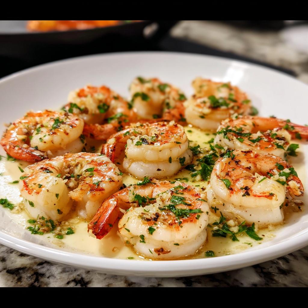 A plate of perfectly cooked garlic butter shrimp, glistening in sauce and topped with parsley.