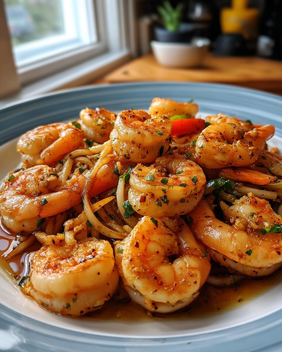 Close-up of juicy, seasoned shrimp served over noodles or vegetables, perfect for 7 Genius Shrimp Recipes Ideas for Busy Weeknights.