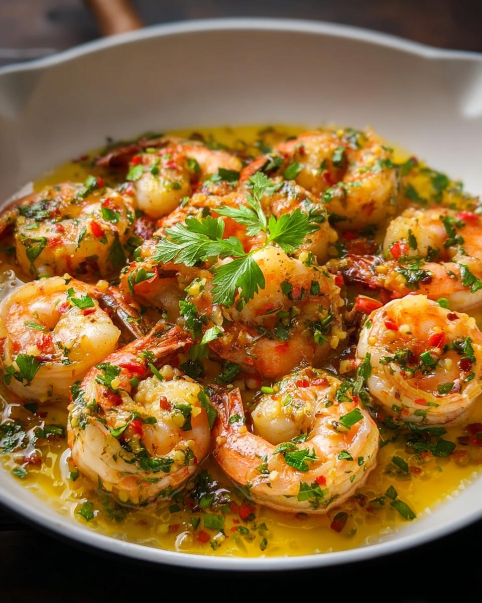 Close-up of succulent shrimp cooked in garlic butter sauce, part of 25-Ingredient Shrimp Recipes.