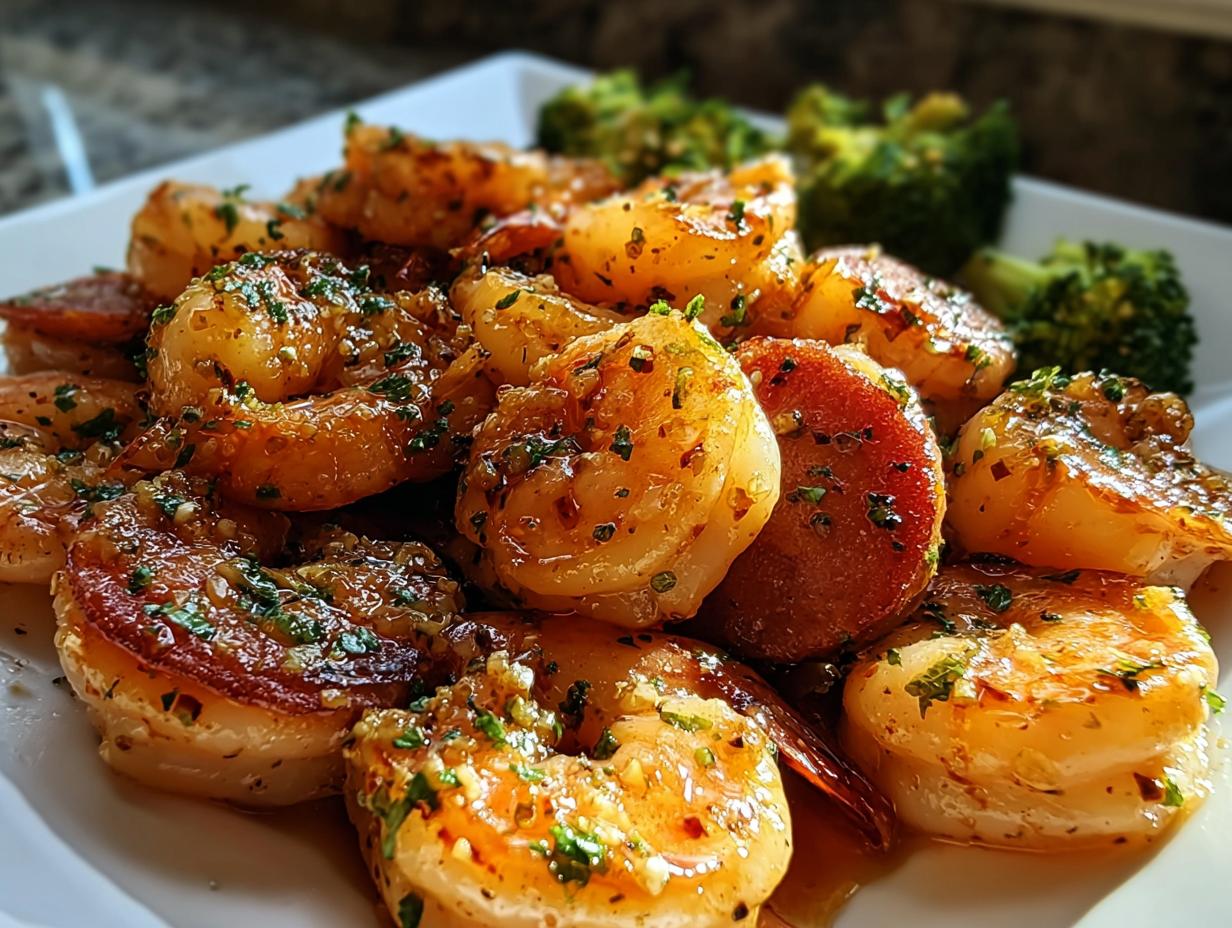Close-up of seasoned, glazed shrimp with parsley, served alongside steamed broccoli for shrimp recipes meal prep.