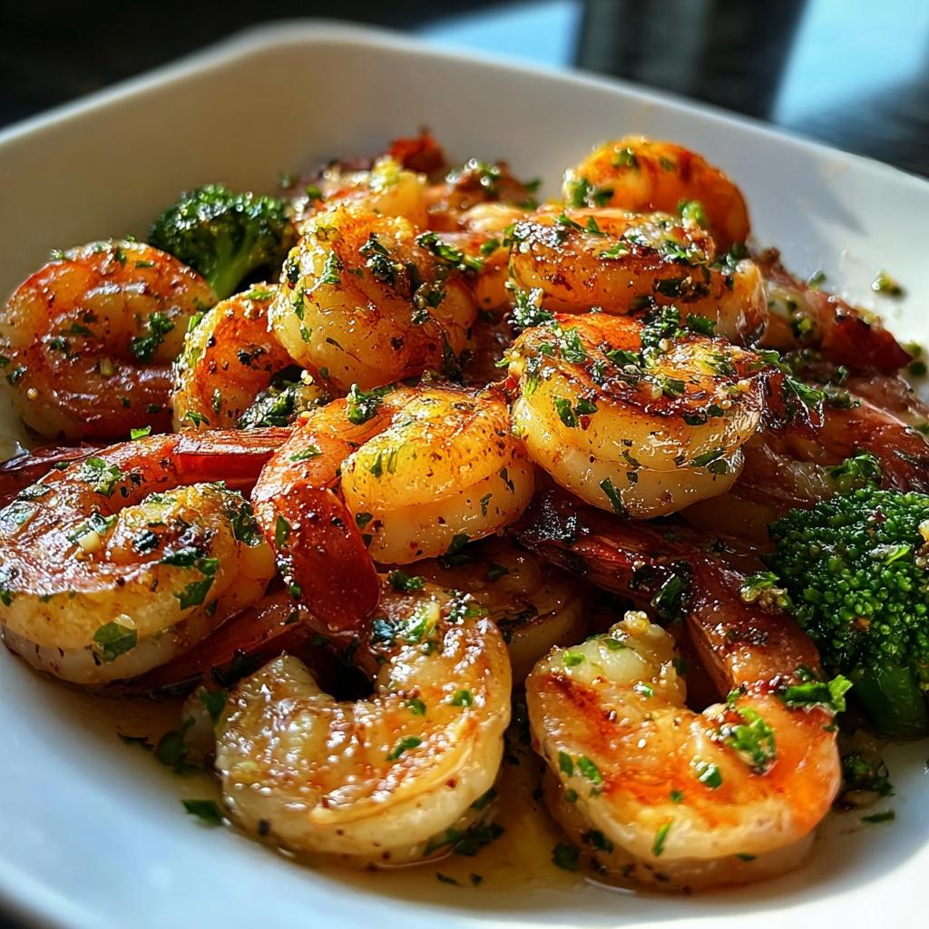 Close-up of perfectly cooked garlic butter shrimp with parsley and broccoli florets.