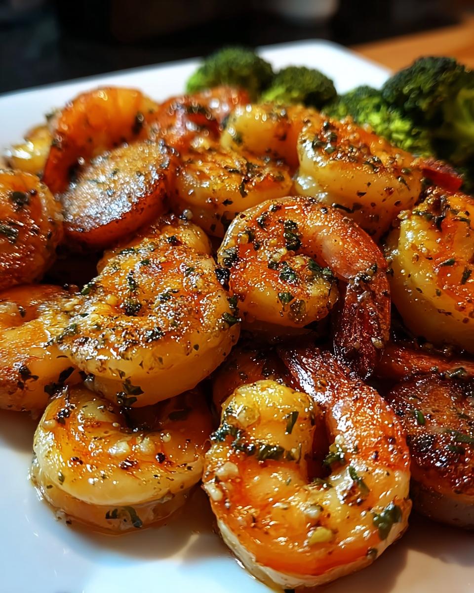 Close-up of seasoned, cooked shrimp with garlic and herbs, served alongside broccoli.