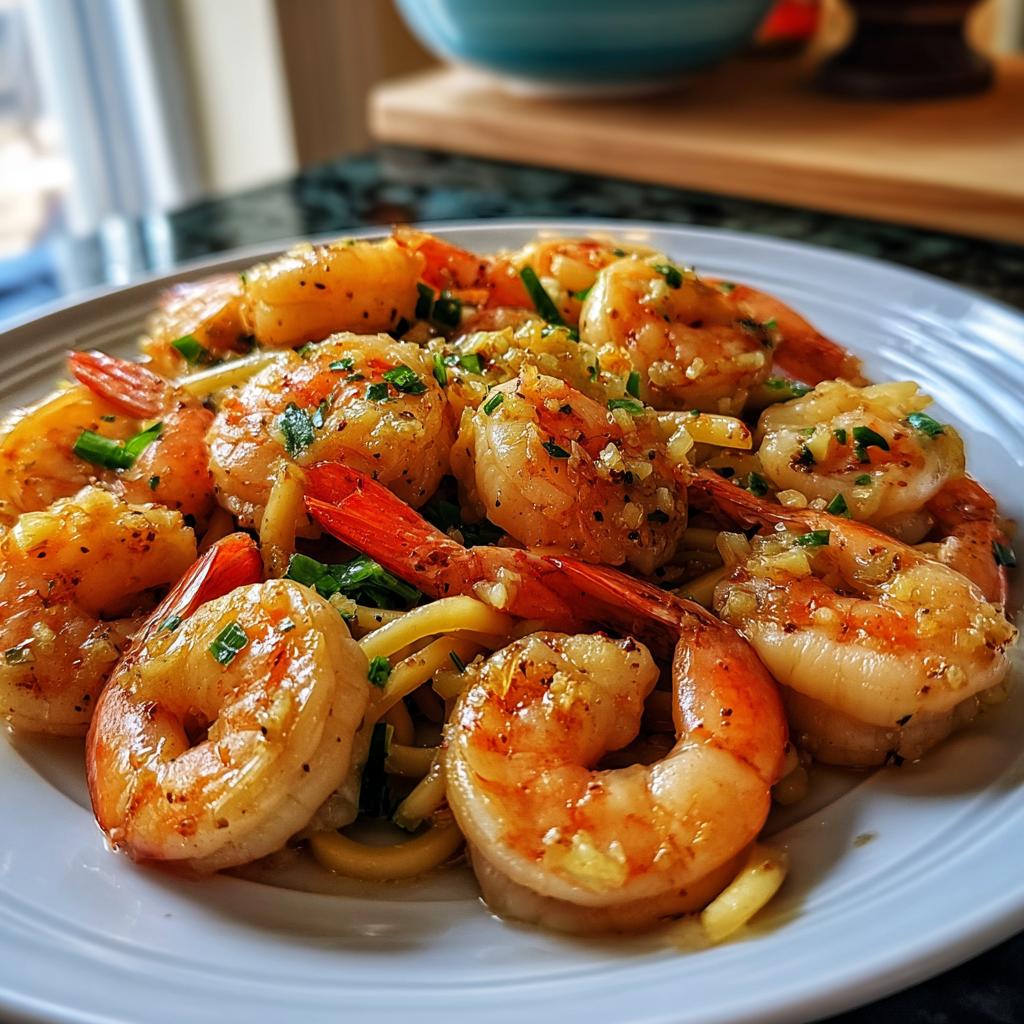Close-up of juicy garlic butter shrimp served over noodles, one of 7 Genius Shrimp Recipes Ideas for Busy Weeknights.