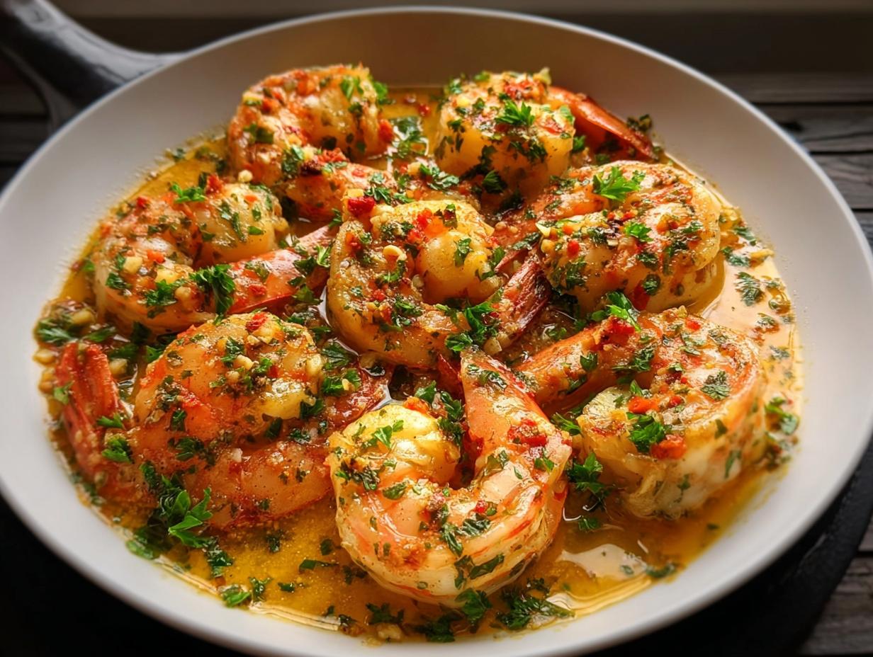 Close-up of succulent shrimp cooked in a rich garlic butter sauce, garnished with fresh parsley.