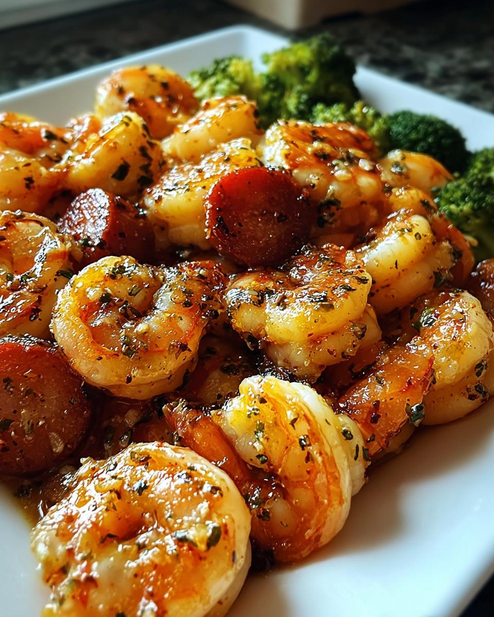 Close-up of seasoned shrimp and sausage slices served with steamed broccoli, perfect for Shrimp Recipes Meal Prep.