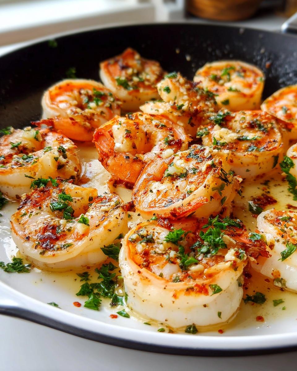 Close-up of perfectly cooked garlic butter shrimp garnished with fresh parsley, part of The Ultimate Shrimp Recipes Guide.