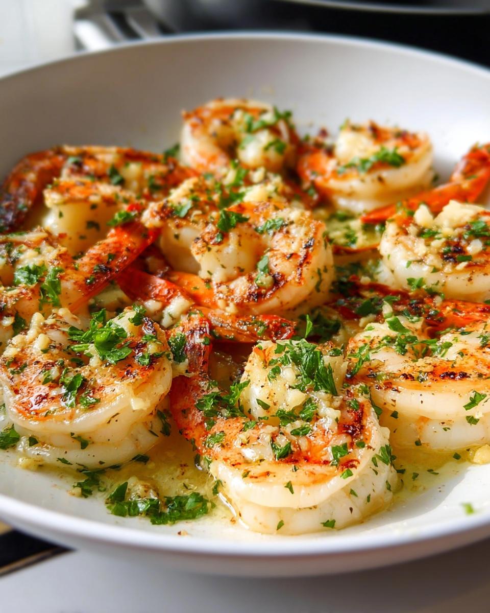 Close-up of perfectly cooked garlic butter shrimp, glistening in sauce and topped with fresh parsley.
