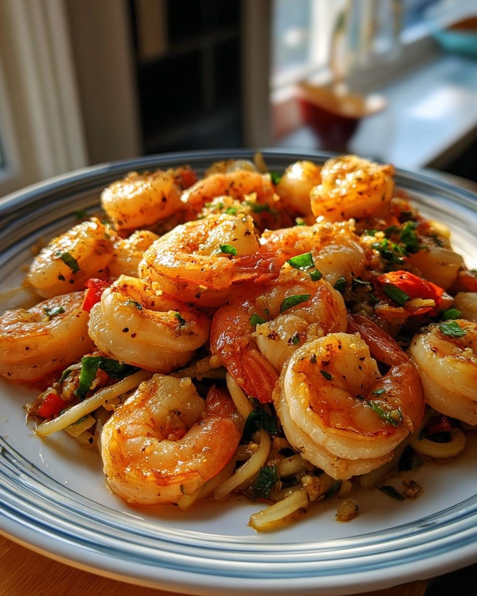 Close-up of perfectly cooked garlic butter shrimp served over noodles or vegetables, one of the 7 Genius Shrimp Recipes.