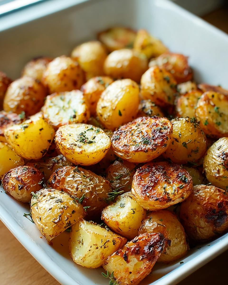 A close-up of crispy, golden Garlic Herb Roasted Baby Potatoes seasoned with herbs, served in a white dish.