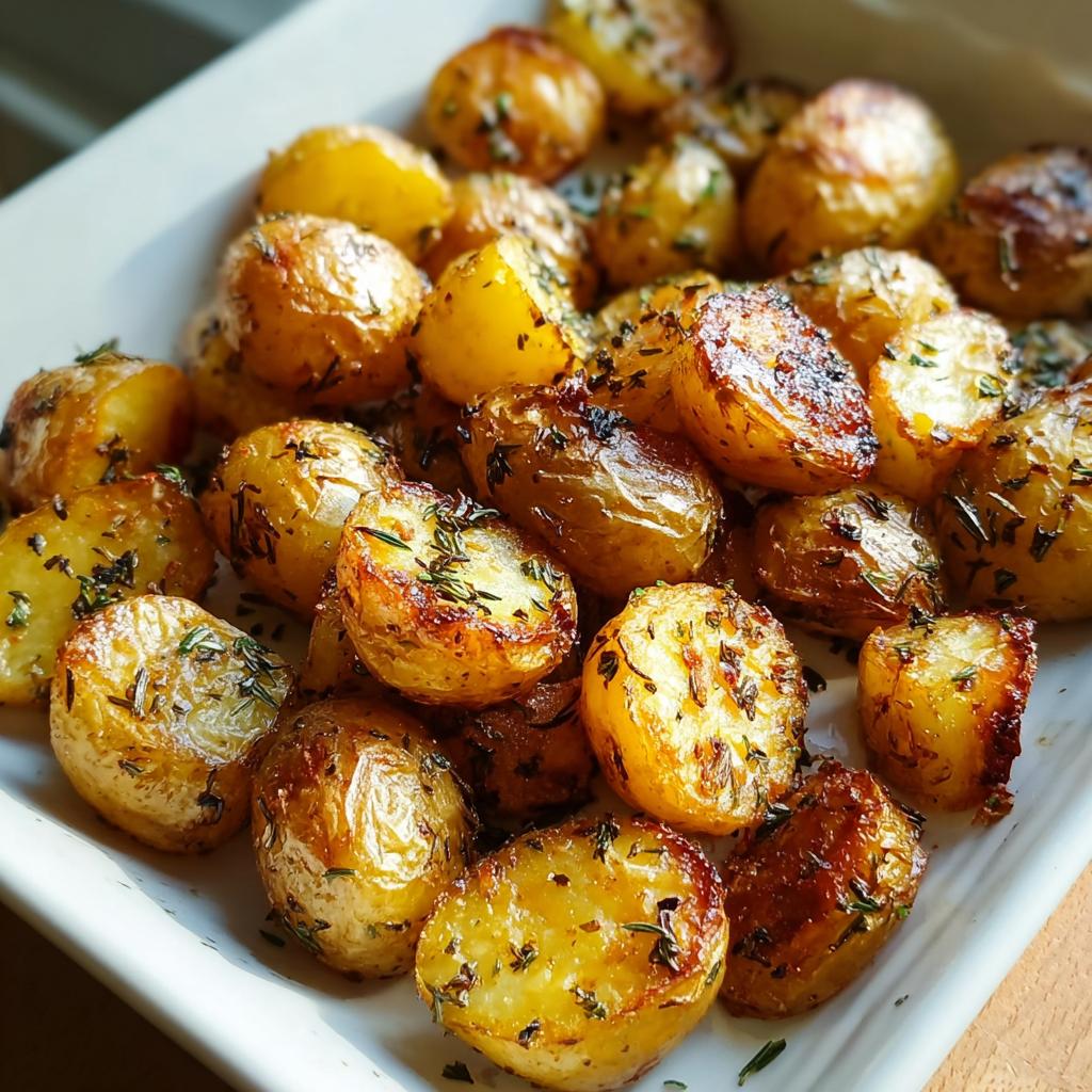Close-up of golden brown, crispy Garlic Herb Roasted Baby Potatoes seasoned with herbs in a white serving dish.