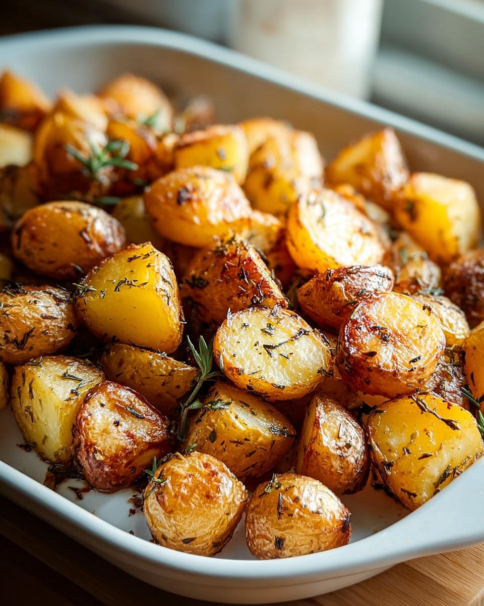 Close-up of golden brown, crispy Garlic Herb Roasted Baby Potatoes seasoned with herbs in a white serving dish.