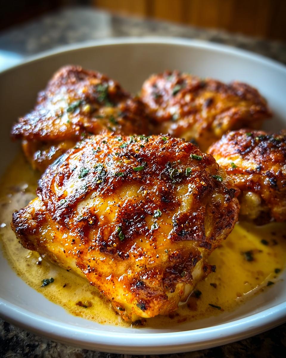 Close-up of four golden-brown, seasoned chicken thighs resting in buttery pan juices.