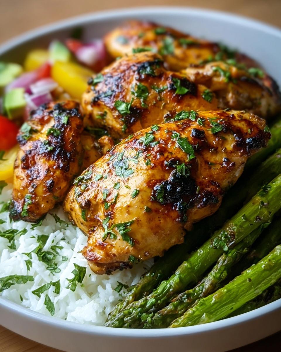 Close-up of a bowl featuring glazed chicken breasts served over white rice with roasted asparagus, part of Quick Healthy Dinner Recipes.