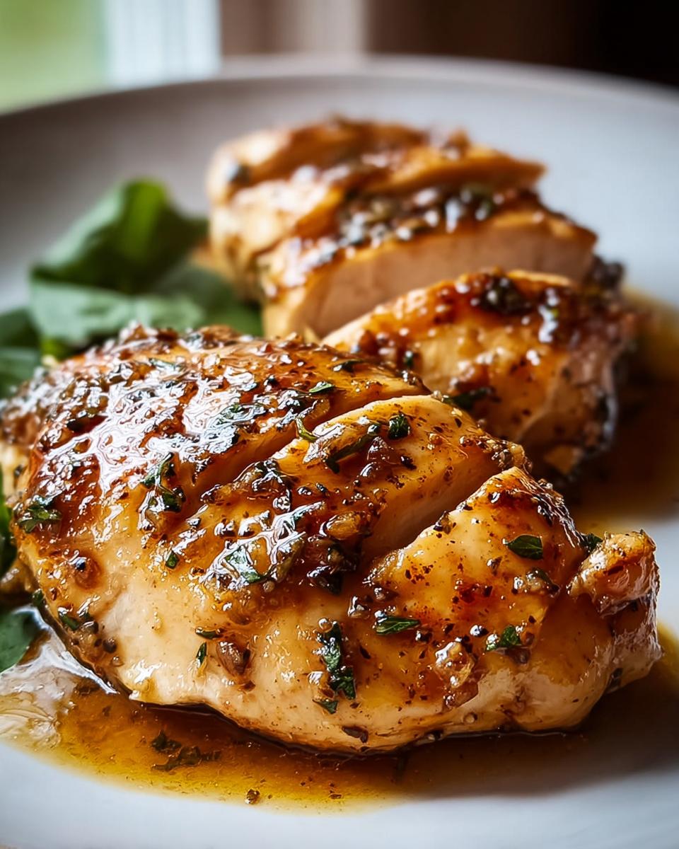 Close-up of a glazed, sliced chicken breast served with greens, perfect for Chicken Recipes in 20 Minutes.