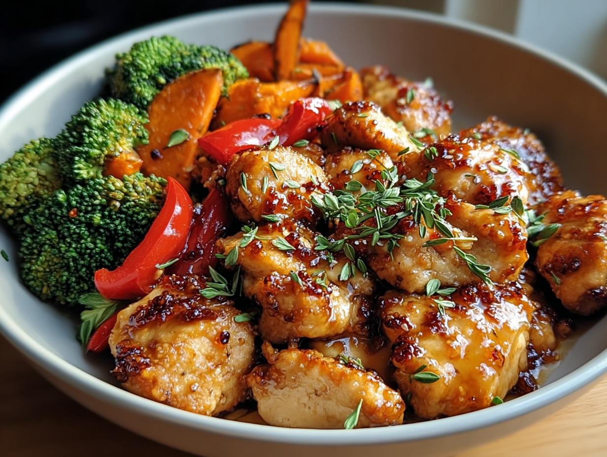 Close-up of glazed chicken pieces with broccoli, sweet potatoes, and red peppers, perfect for Healthy Meals Recipes in 20 Minutes.