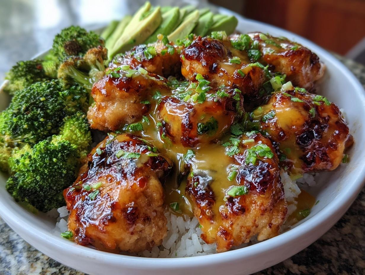 A bowl featuring glazed chicken pieces over rice, served with steamed broccoli and sliced avocado, perfect for Restaurant-Style Healthy Meals Recipes at Home.