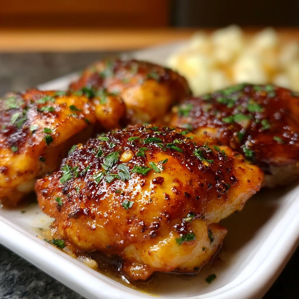 Close-up of four glazed chicken thighs topped with parsley, part of amazing Chicken Thigh Recipes in 20 Minutes.