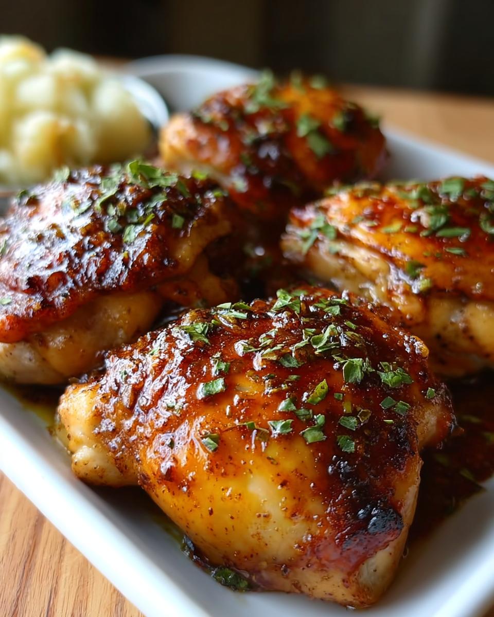 Four glazed, baked chicken thigh recipes in 20 minutes, garnished with chopped parsley.