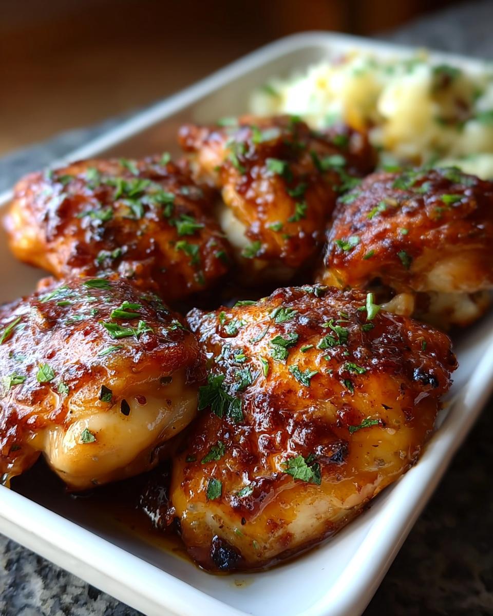Close-up of four glazed, saucy chicken thigh recipes in 20 minutes, garnished with fresh parsley.