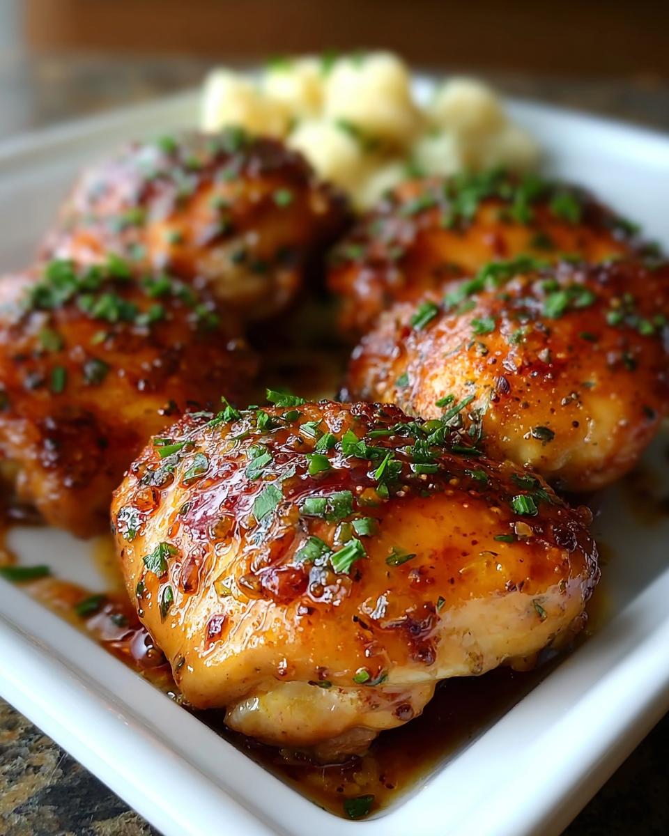 Four glazed chicken thighs topped with herbs, part of amazing Chicken Thigh Recipes in 20 Minutes.
