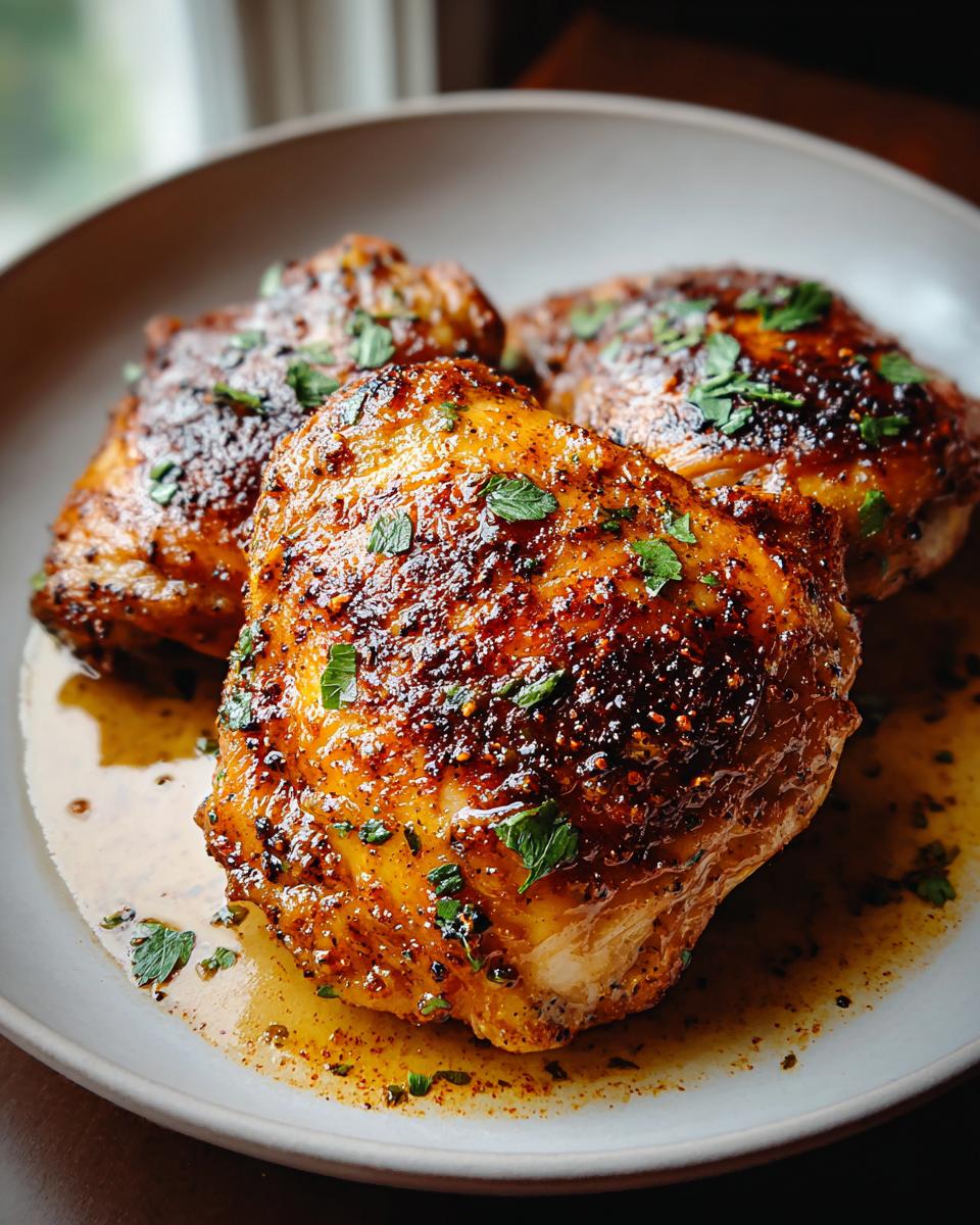 Three perfectly cooked, glazed chicken thigh recipes with crispy skin resting in savory pan juices.