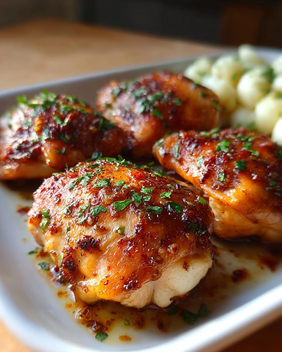 Four perfectly glazed chicken thighs topped with herbs, part of amazing Chicken Thigh Recipes in 20 Minutes.