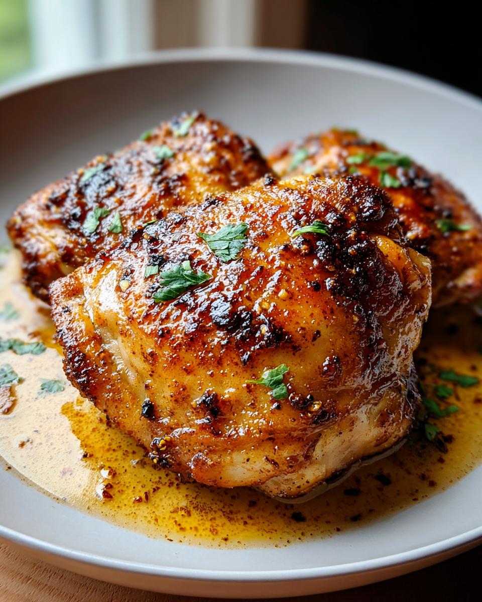 Close-up of three perfectly cooked, glazed chicken thighs resting in a savory sauce, garnished with parsley.