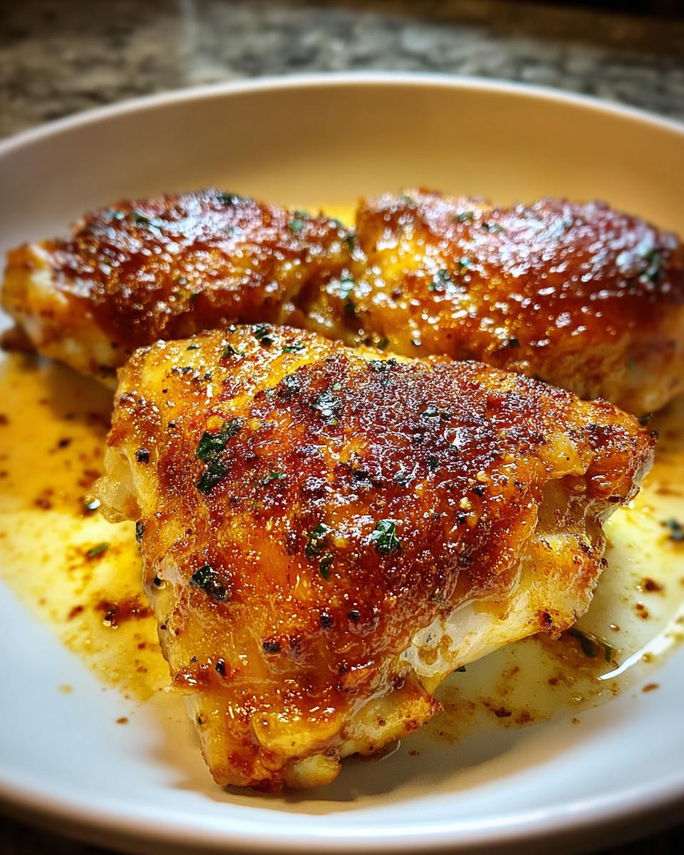 Close-up of three perfectly cooked, glazed chicken thighs with crispy, seasoned skin.