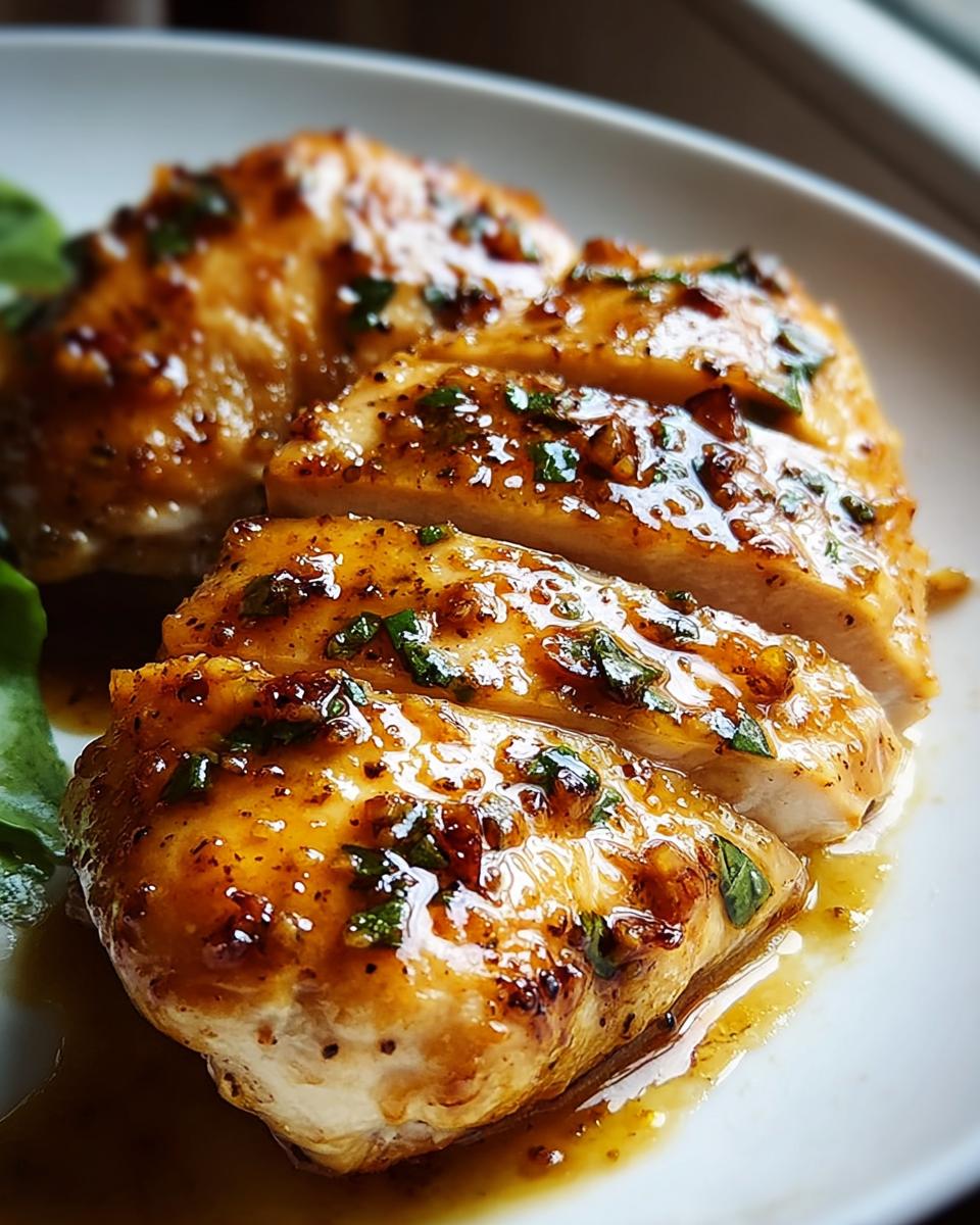Close-up of sliced, glazed chicken breast topped with herbs, perfect for Chicken Recipes in 20 Minutes.