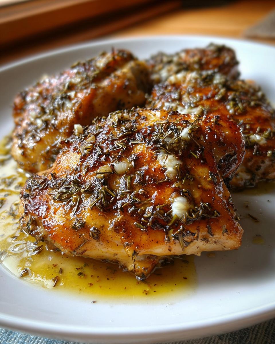 Close-up of pan-seared Greek Style Chicken with Garlic and Oregano, glistening in lemon-herb sauce.