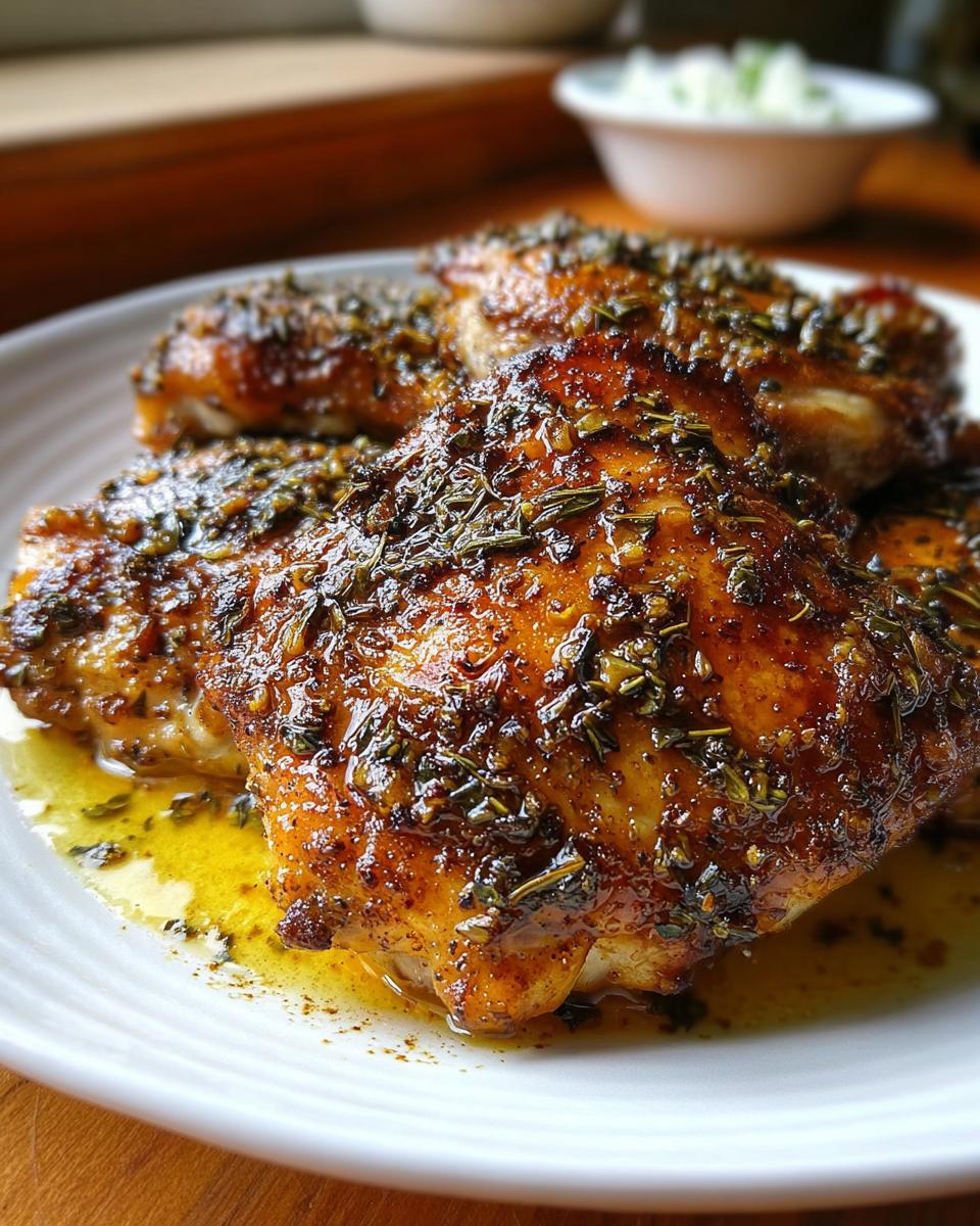 Close-up of four pieces of golden-brown Greek Style Chicken with Garlic and Oregano, glistening in pan juices.