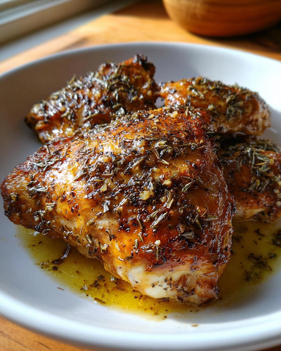 Four pieces of golden brown Greek Style Chicken with Garlic and Oregano, glistening in pan juices.