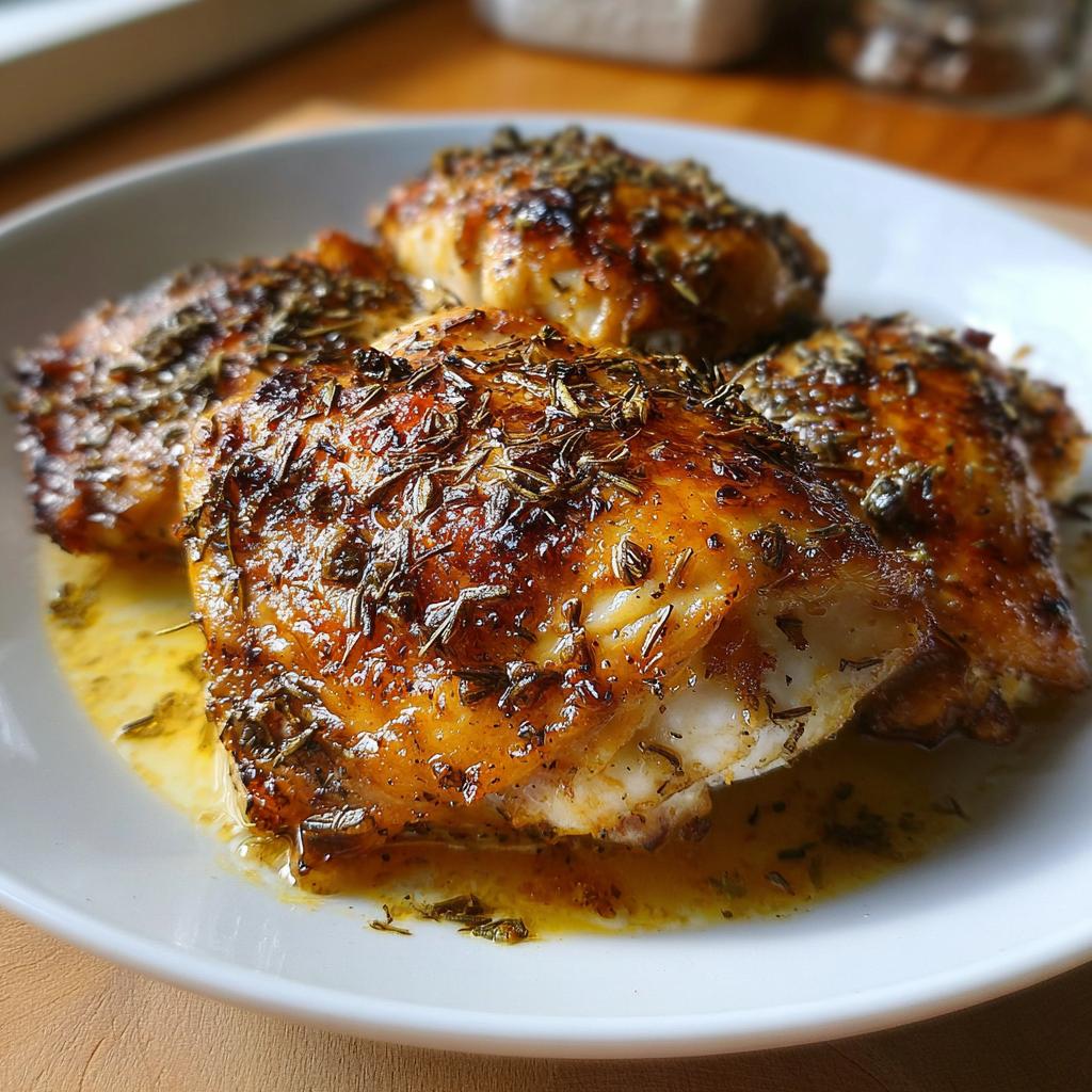 Close-up of three pieces of golden brown Greek Style Chicken with Garlic and Oregano on a white plate.