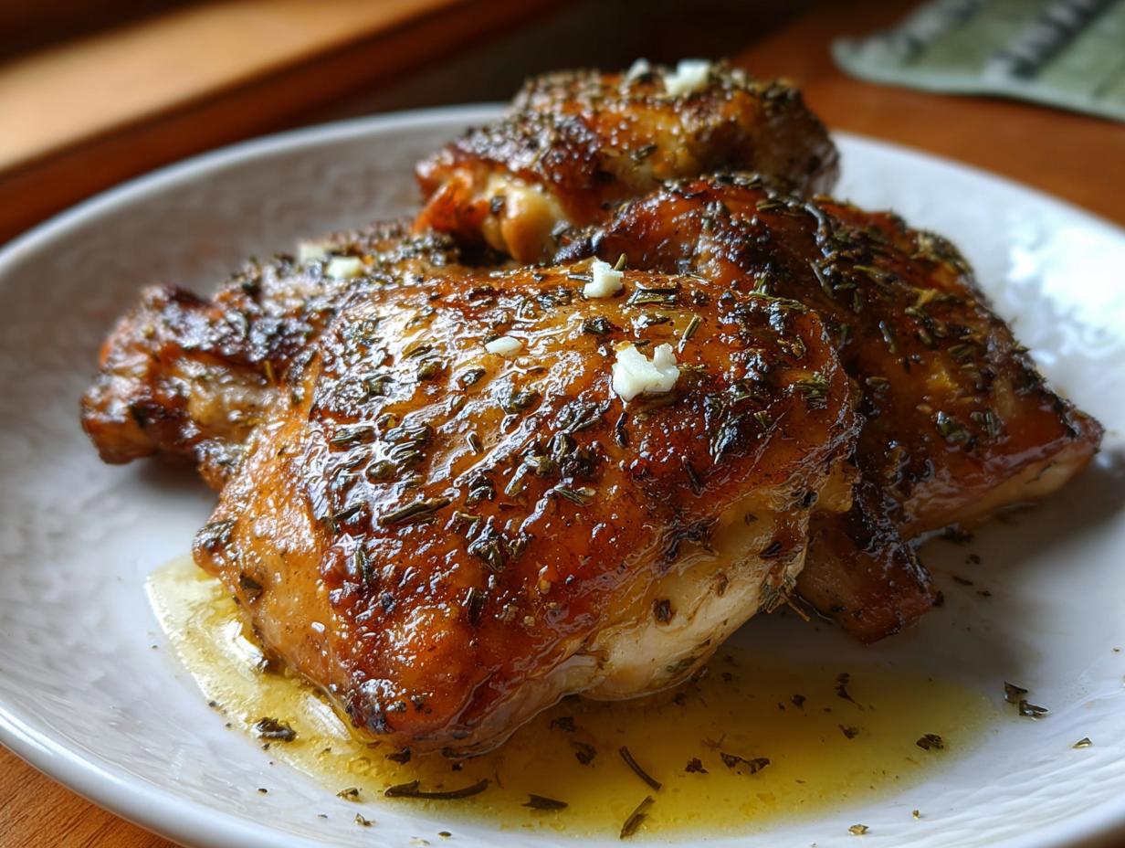 Close-up of three pieces of glossy, baked Greek Style Chicken with Garlic and Oregano on a white plate.