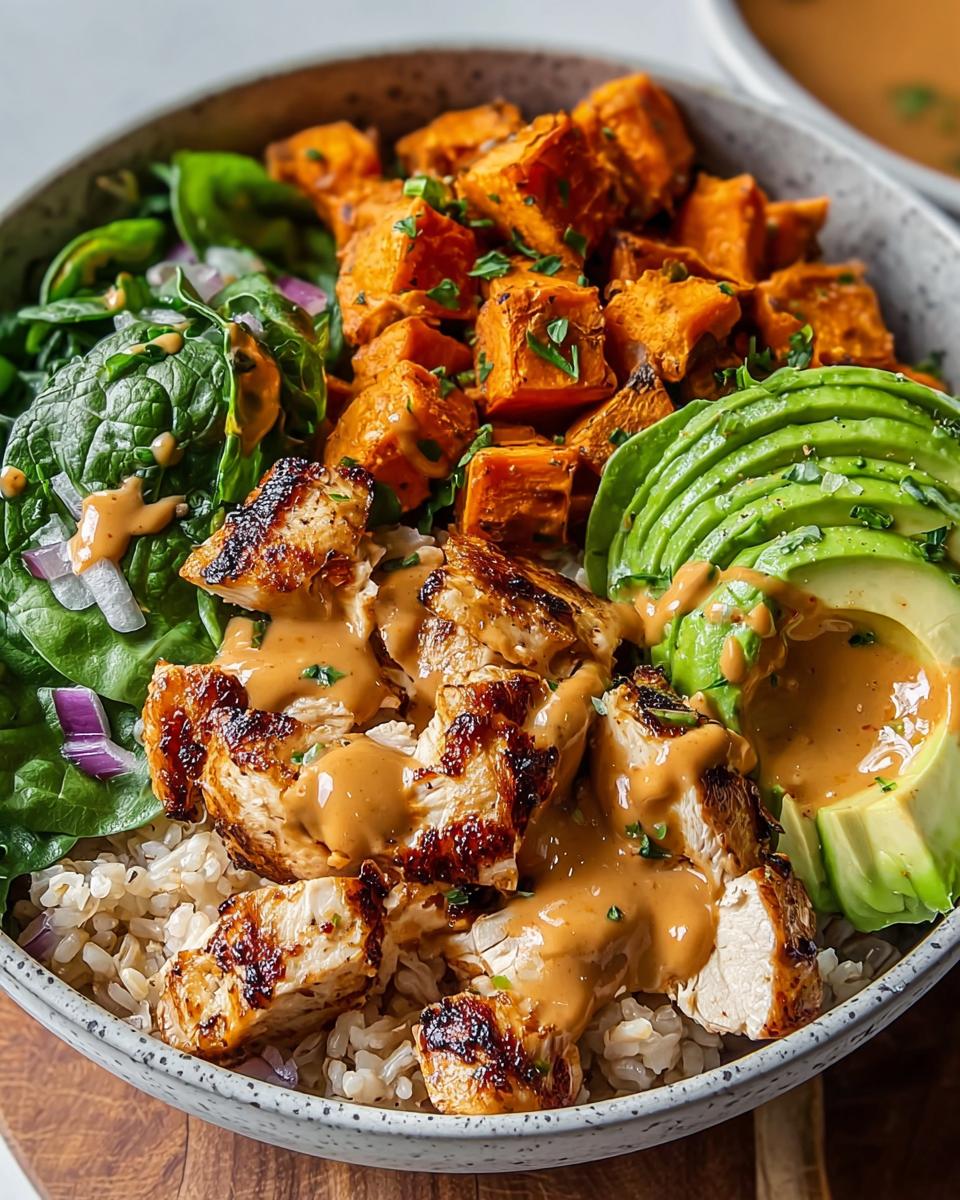 A vibrant, close-up view of a Healthy Bowl with Protein, Veggies & Flavor featuring grilled chicken, roasted sweet potatoes, avocado, and spinach.