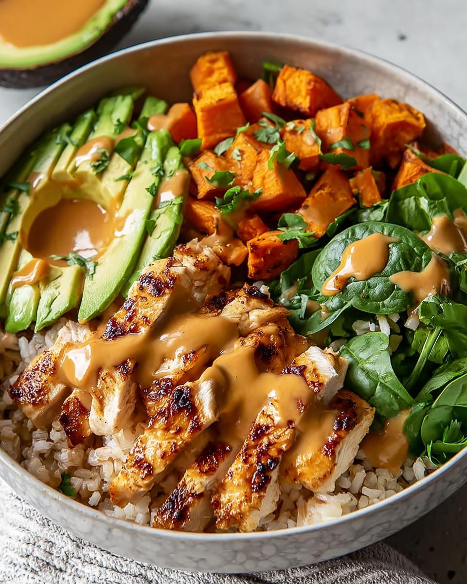 Close-up of a Healthy Bowl with Protein, Veggies & Flavor featuring grilled chicken, avocado, roasted sweet potatoes, and spinach.