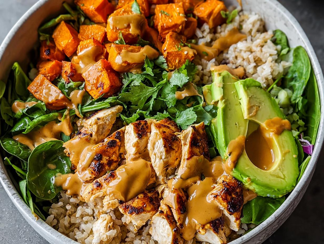 Close-up of a vibrant Healthy Bowl with Protein, Veggies & Flavor featuring grilled chicken, sweet potatoes, avocado, and brown rice.