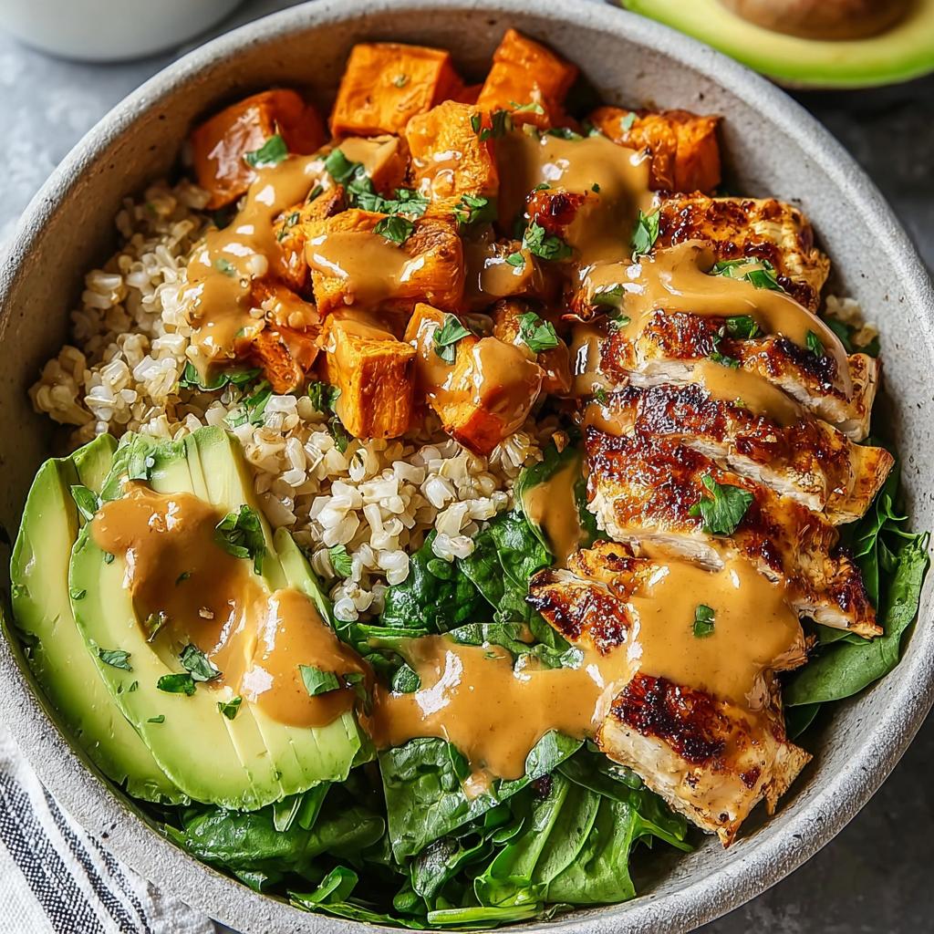 Close-up of a Healthy Bowl with Protein, Veggies & Flavor featuring grilled chicken, sweet potatoes, avocado, and brown rice.