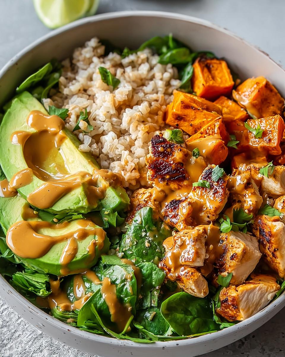 Close-up of a Healthy Bowl with Protein, Veggies & Flavor featuring grilled chicken, brown rice, avocado, and sweet potatoes.