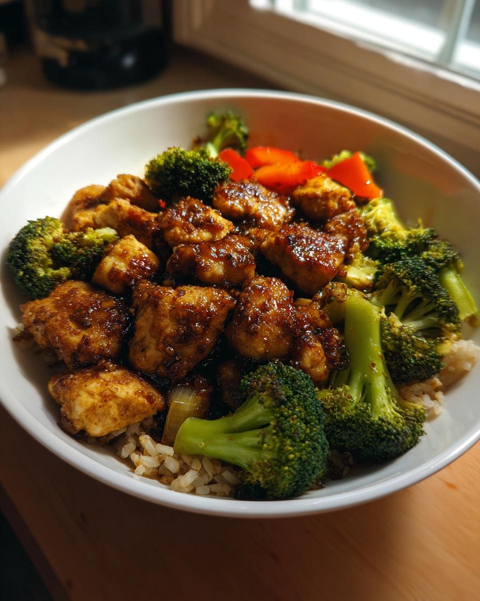 A bowl of healthy chicken and broccoli served over brown rice, fitting into 25-Ingredient Healthy Meals Recipes.