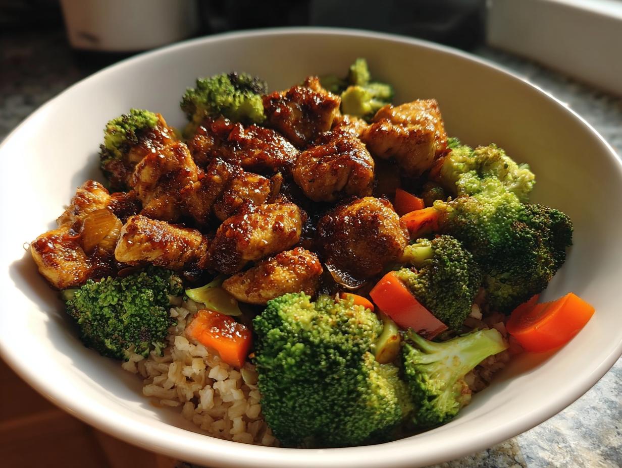 Close-up of a healthy chicken and vegetable bowl over brown rice, suitable for 25-Ingredient Healthy Meals Recipes.