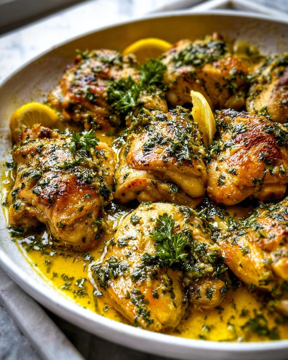 Close-up of pan-seared chicken thighs covered in a bright lemon and herb sauce, a perfect Healthy Chicken Dinner Recipe.